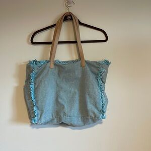 Sun N Sand Beach Bag Denim Frayed Light Blue Tan Zipper